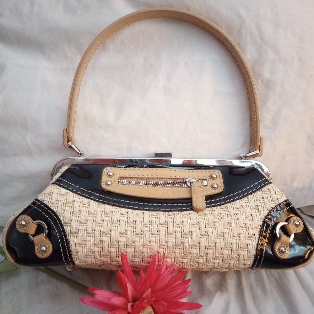 RAFE NY black patent and straw shoulder bag